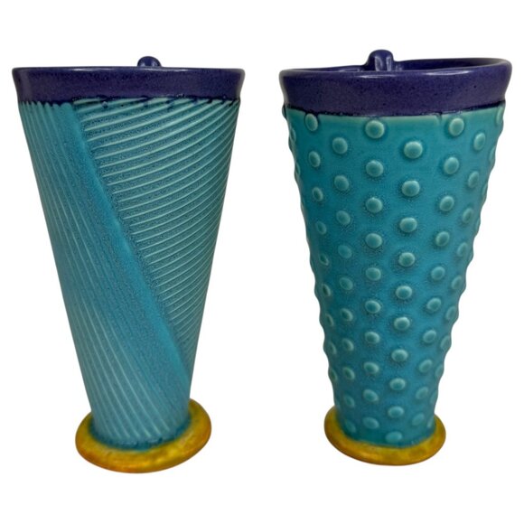 Margo West Studio Pottery Coffee Mugs Set Of 2 Art Deco Style Blue Purple - Picture 4 of 8